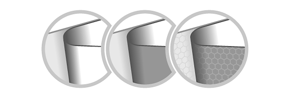 Zleva: bílá fólie s čirým lepidlem, bílá fólie s šedým lepidlem, fólie pro lepení bez bublin s šedým lepidlem